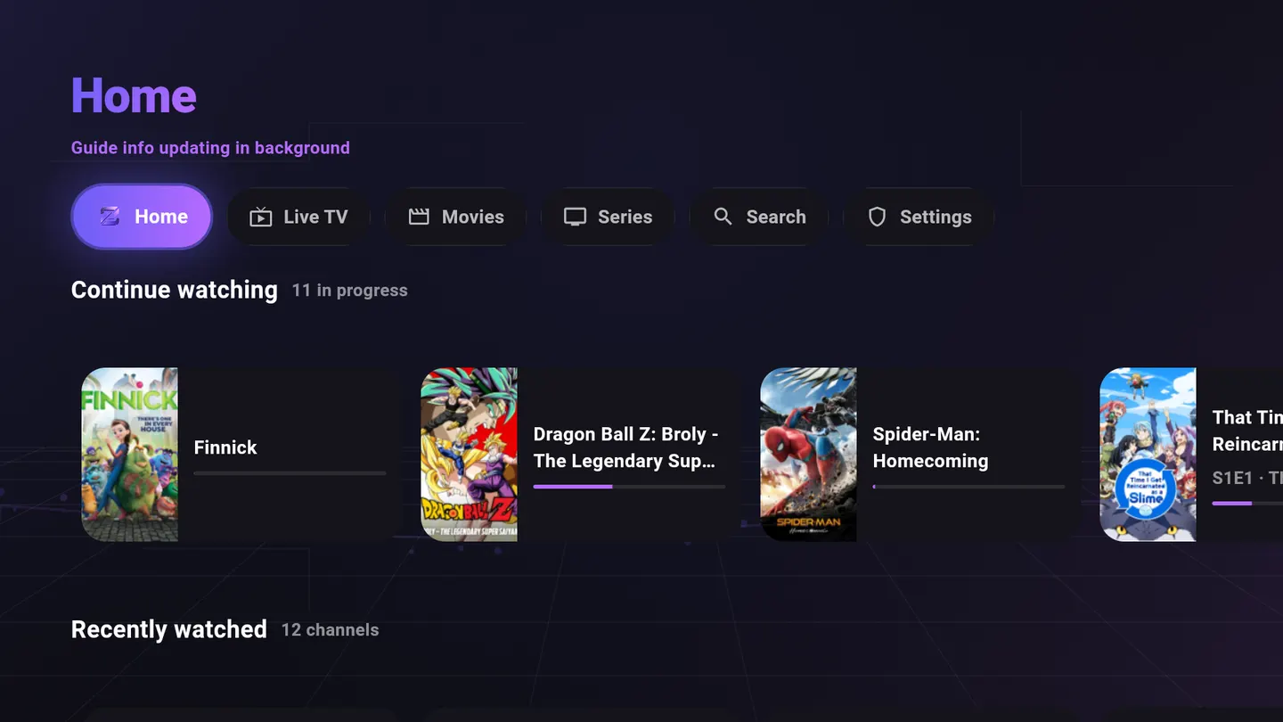 Zentro Home with Continue Watching rows